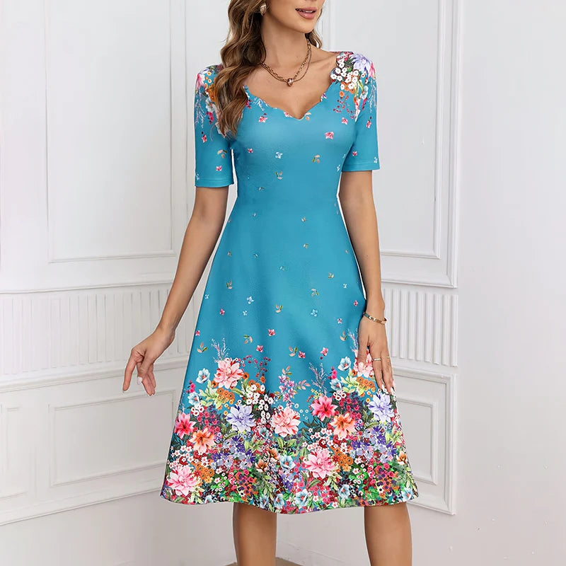 Ladies Summer Elegant Casual V-Neck Floral Dress