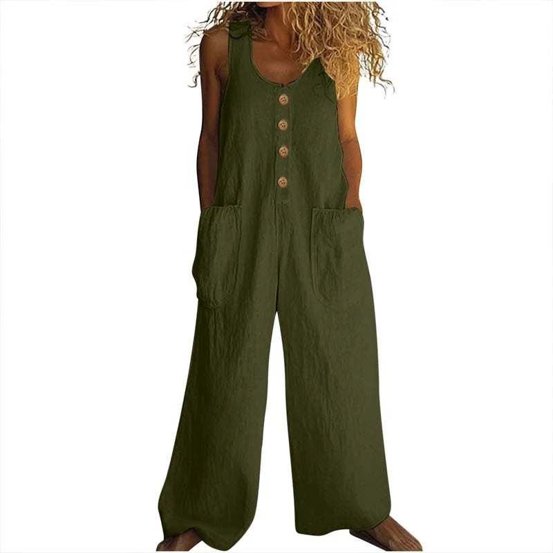 Women Elegant Casual Front Button Wide Leg Jumpsuit