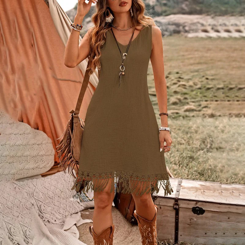 Women Elegant Solid Color V Neck Fringe Detail Sleeveless Bohemian Dress