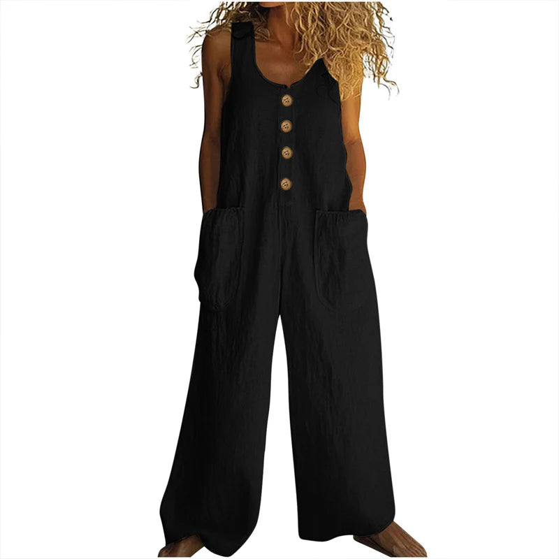 Women Elegant Casual Front Button Wide Leg Jumpsuit