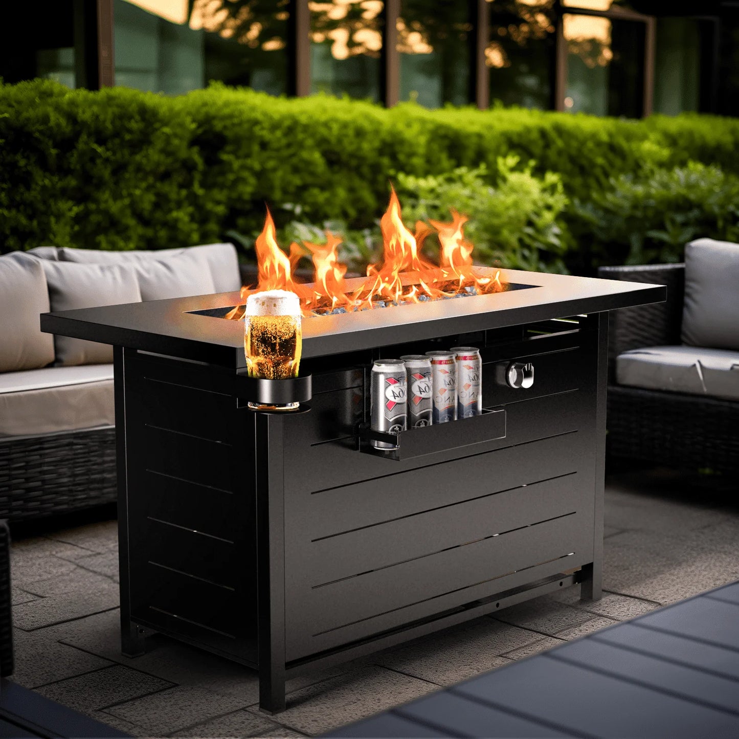 43" Outdoor Propane Fire Pit Table - 60,000 BTU with Lid, Glass Beads, Cup Holders, Hanging Shelf & Nylon Cover - Perfect for Your Patio!