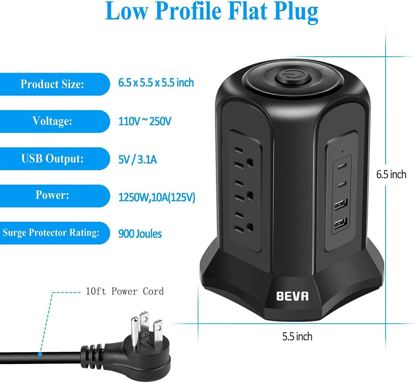 Power Strip Tower Surge Protector 10Ft Flat Plug Desktop Charging Station 9 AC Outlets 4 USB Ports, 900 Joules, Long Extension Cord for Home Office Appliances Smartphones Computer Tablets(Black)