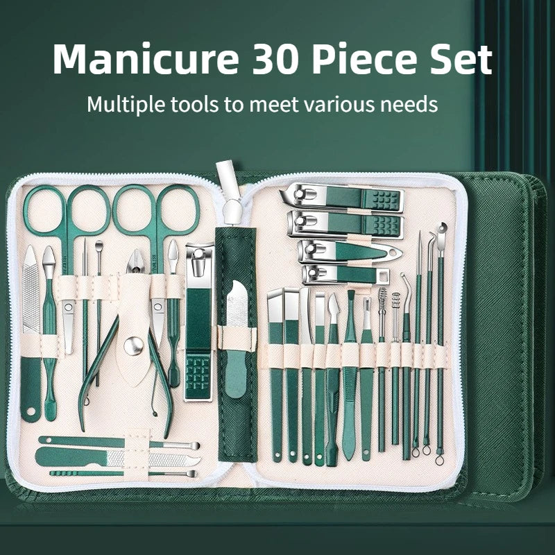 30Pcs Professional Stainless Steel Nail Clipper Set Green Nail Tools Manicure Pedicure Set of 30Pcs Travel Grooming Kit