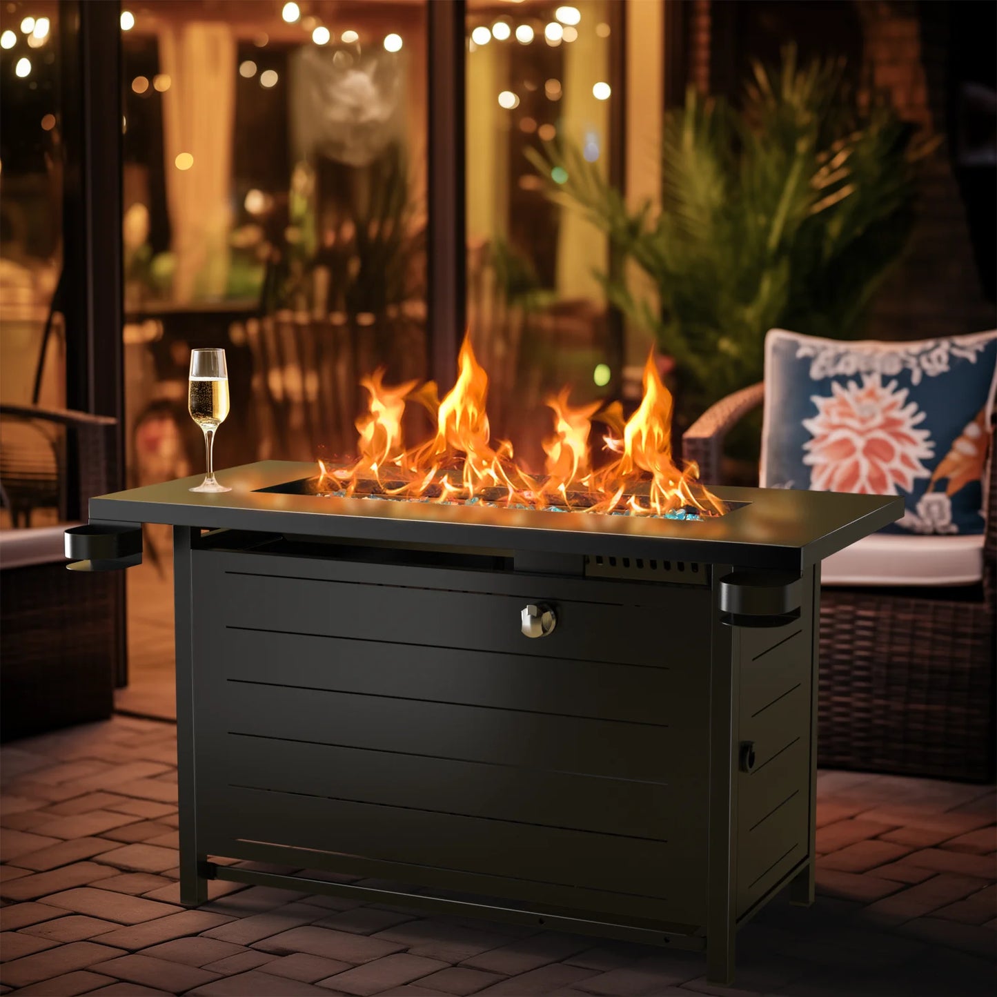 43" Outdoor Propane Fire Pit Table - 60,000 BTU with Lid, Glass Beads, Cup Holders, Hanging Shelf & Nylon Cover - Perfect for Your Patio!