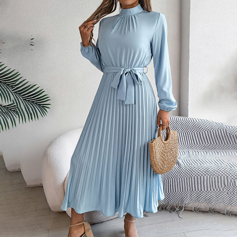 Elegant Solid Color High Collar Long Sleeve Pleated Flowing Dress