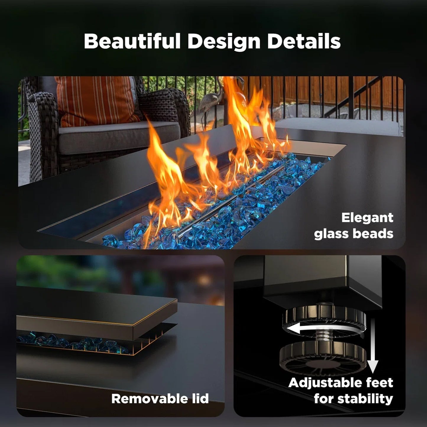 43" Outdoor Propane Fire Pit Table - 60,000 BTU with Lid, Glass Beads, Cup Holders, Hanging Shelf & Nylon Cover - Perfect for Your Patio!