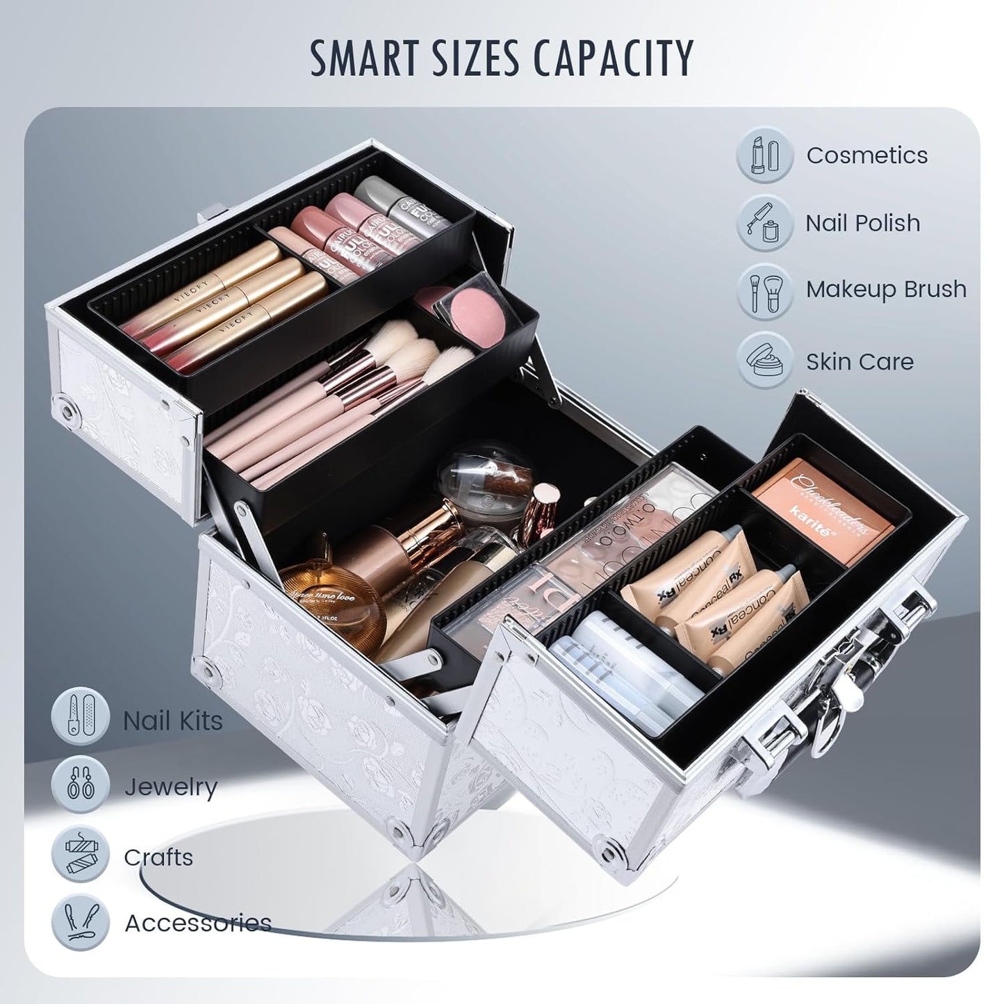 Makeup Case Makeup Box Travel Train Case Portable Cosmetic Box Storage Cases Make up Trvel Case with 4 Trays Divider Locking Hard Vanity Case for Artist Nail Cafter Supplies Silver Rose