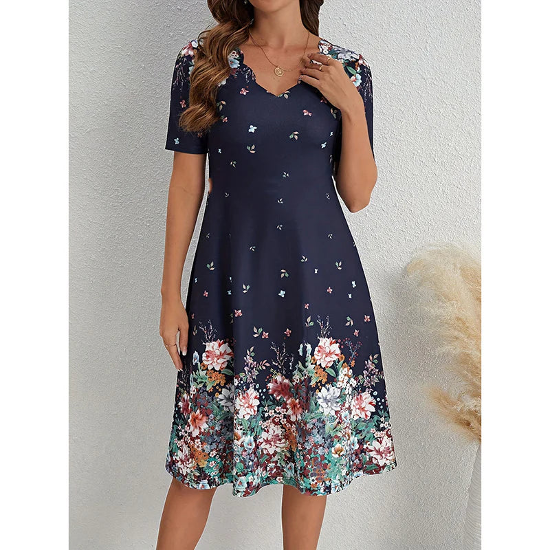 Ladies Summer Elegant Casual V-Neck Floral Dress