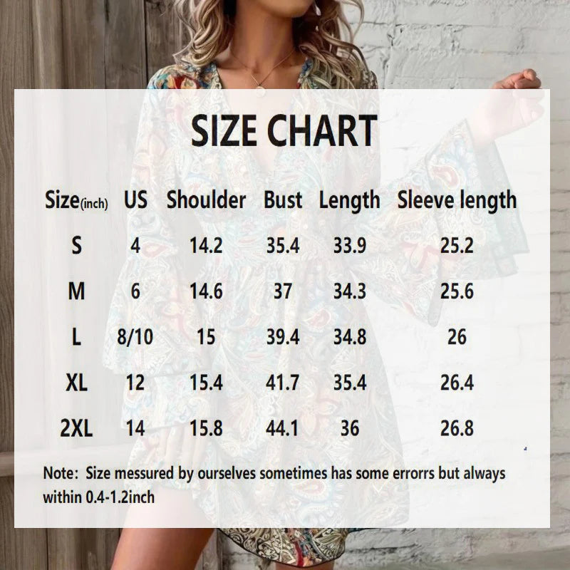 Women Elegant V Neck A-Line Waist Floral Print Dress - Tiered Bell Sleeves