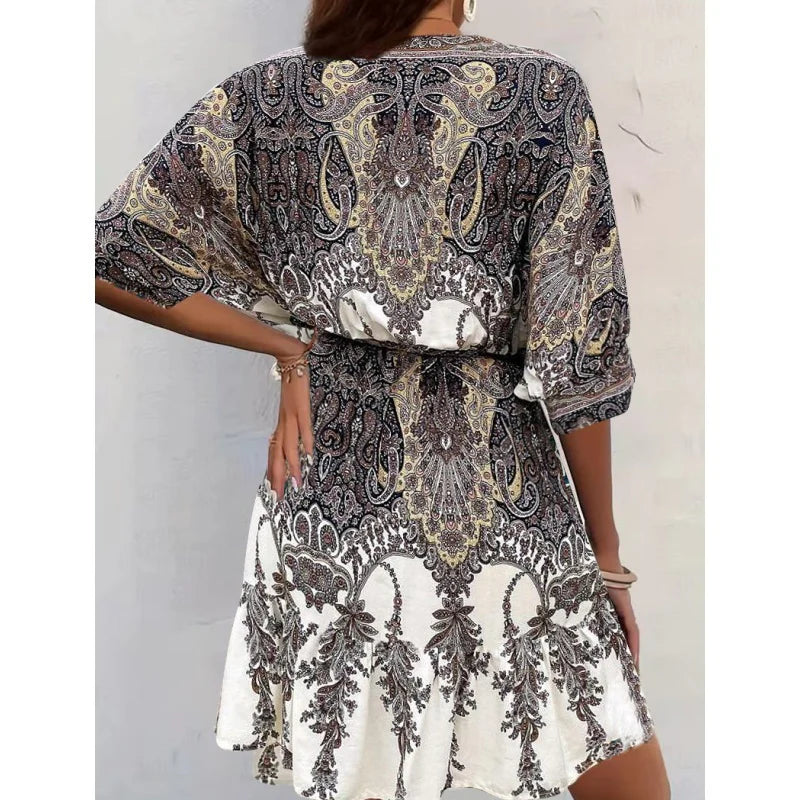 Women V-Neck Tie Front Short Sleeve Floral A-Line Beach Bohemian Flowy Waist Dress