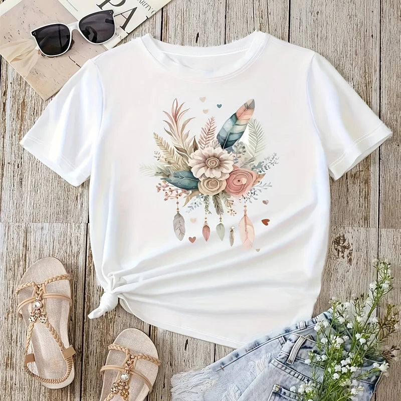 Women Summer Casual Floral and Leaf Print Crew Neck T-Shirt