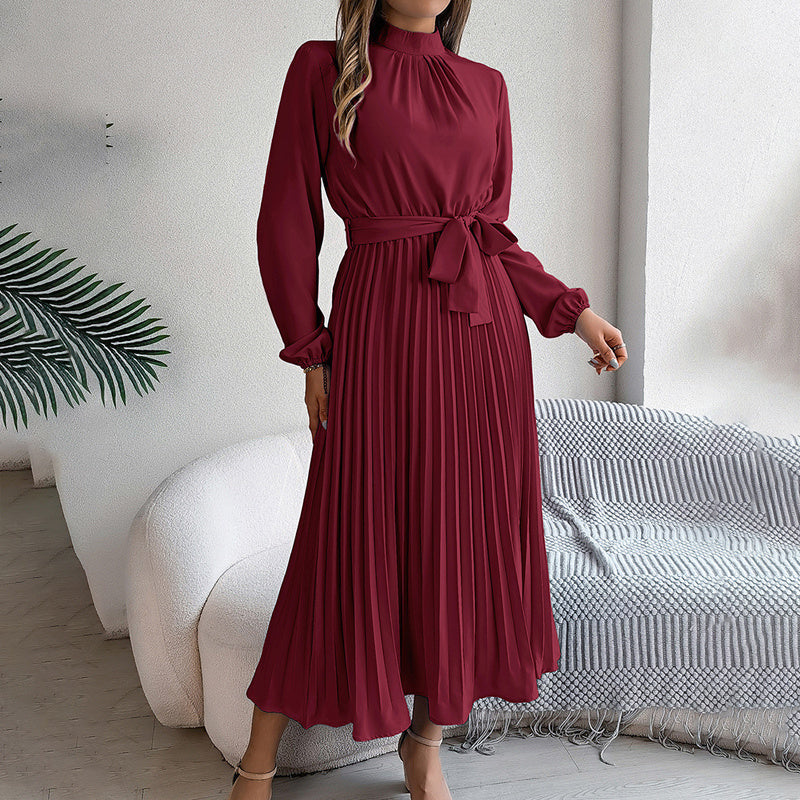 Elegant Solid Color High Collar Long Sleeve Pleated Flowing Dress