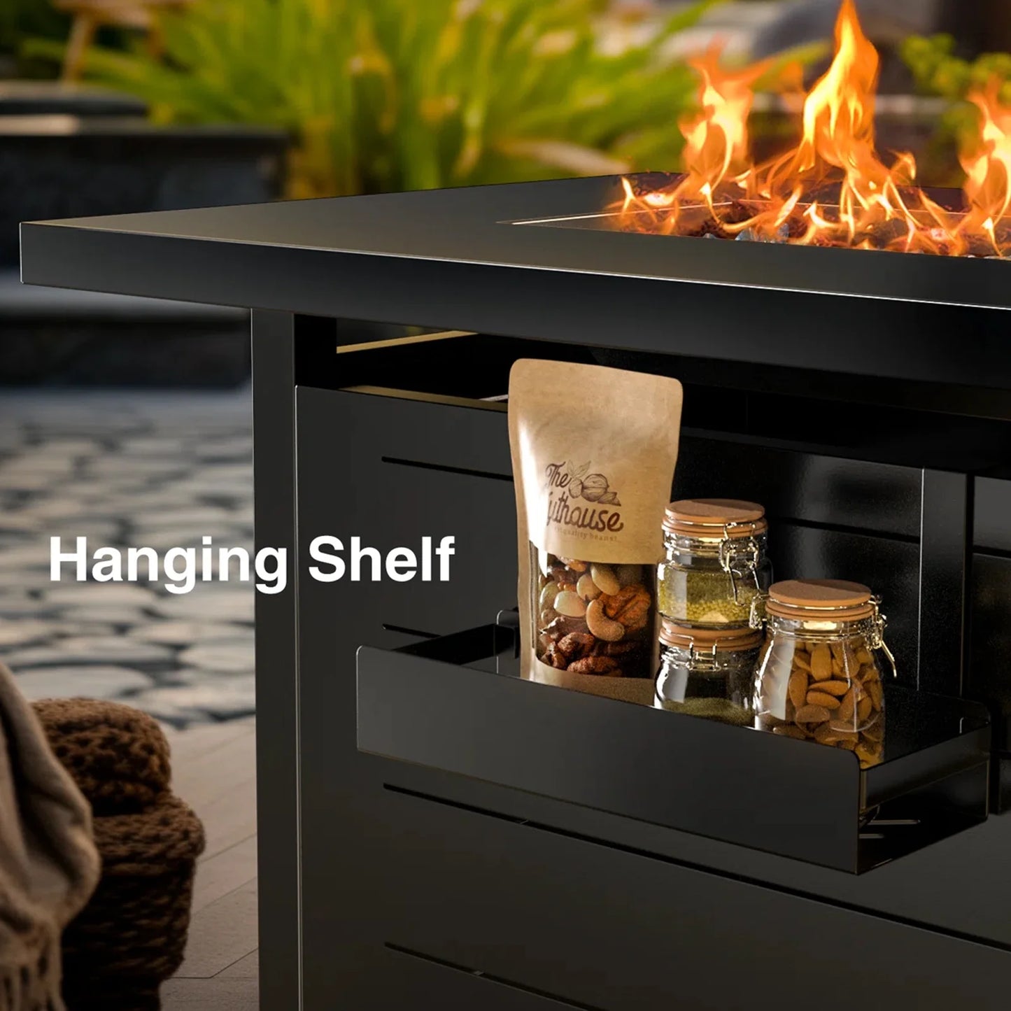 43" Outdoor Propane Fire Pit Table - 60,000 BTU with Lid, Glass Beads, Cup Holders, Hanging Shelf & Nylon Cover - Perfect for Your Patio!