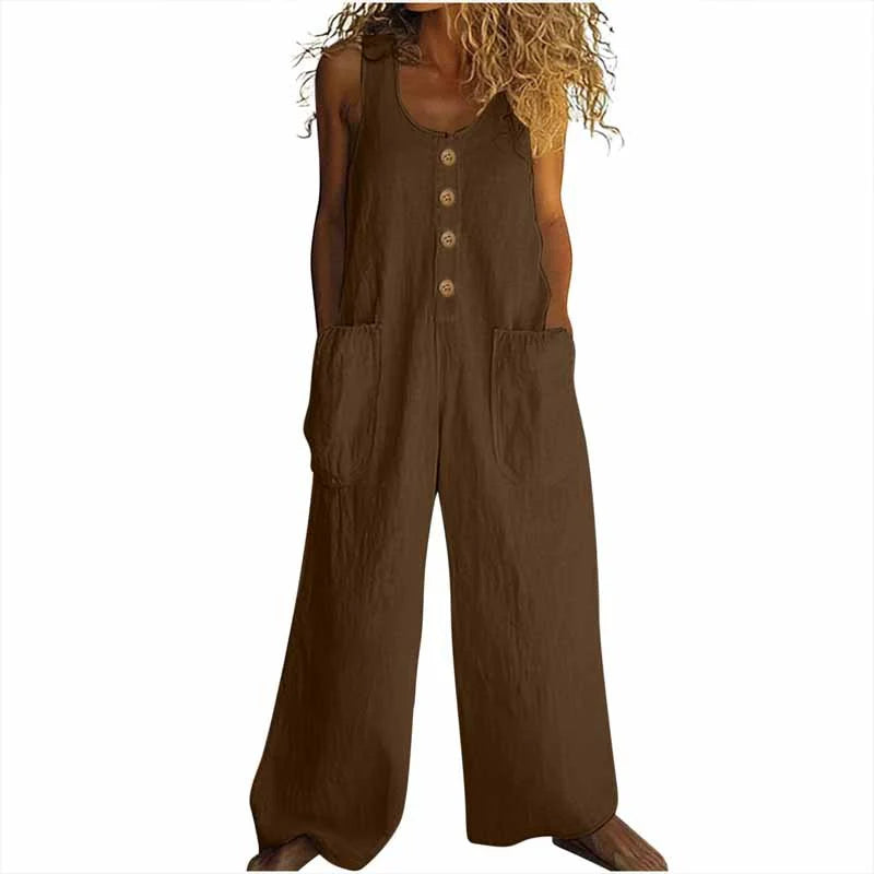Women Elegant Casual Front Button Wide Leg Jumpsuit