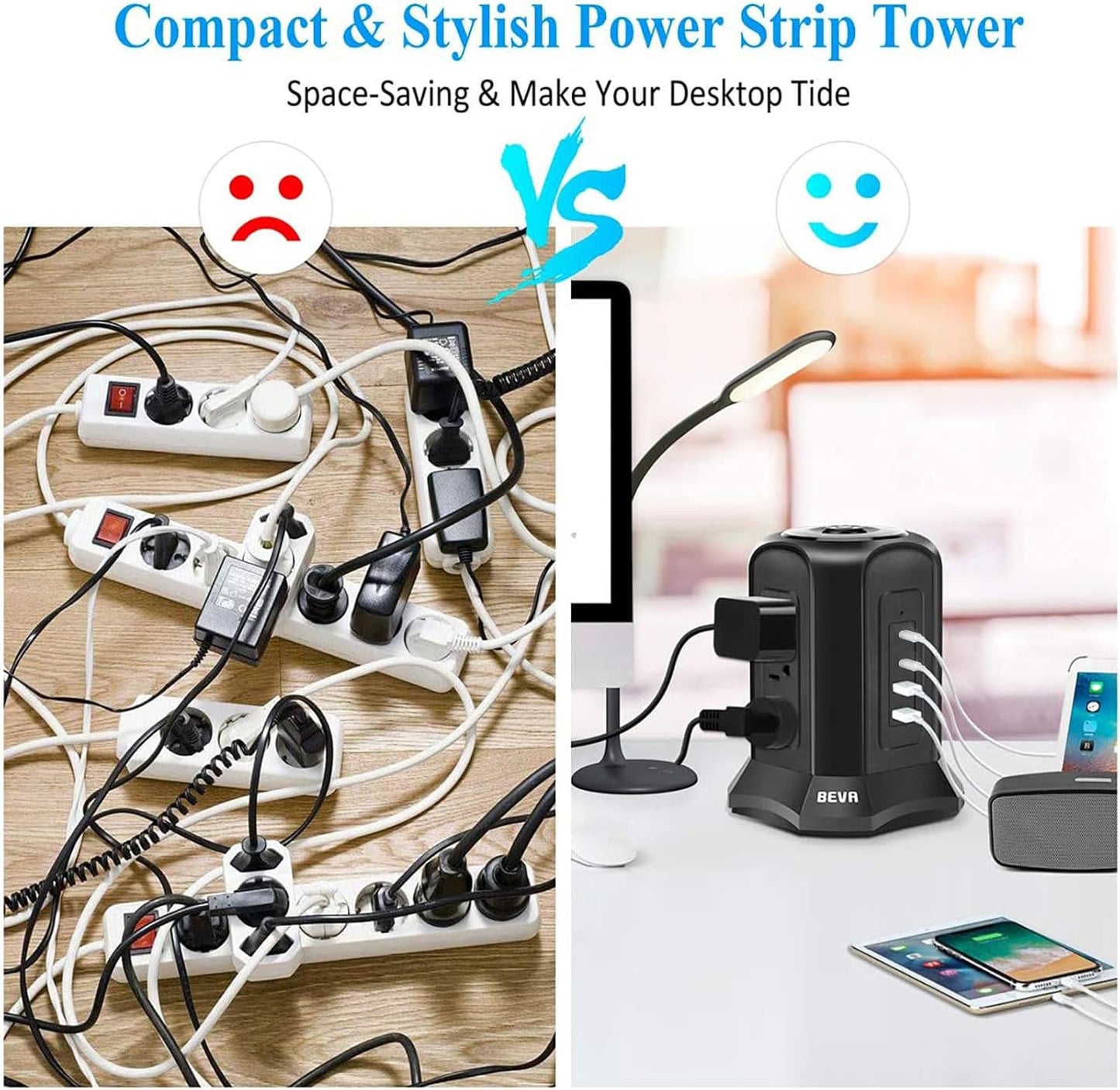 Power Strip Tower Surge Protector 10Ft Flat Plug Desktop Charging Station 9 AC Outlets 4 USB Ports, 900 Joules, Long Extension Cord for Home Office Appliances Smartphones Computer Tablets(Black)
