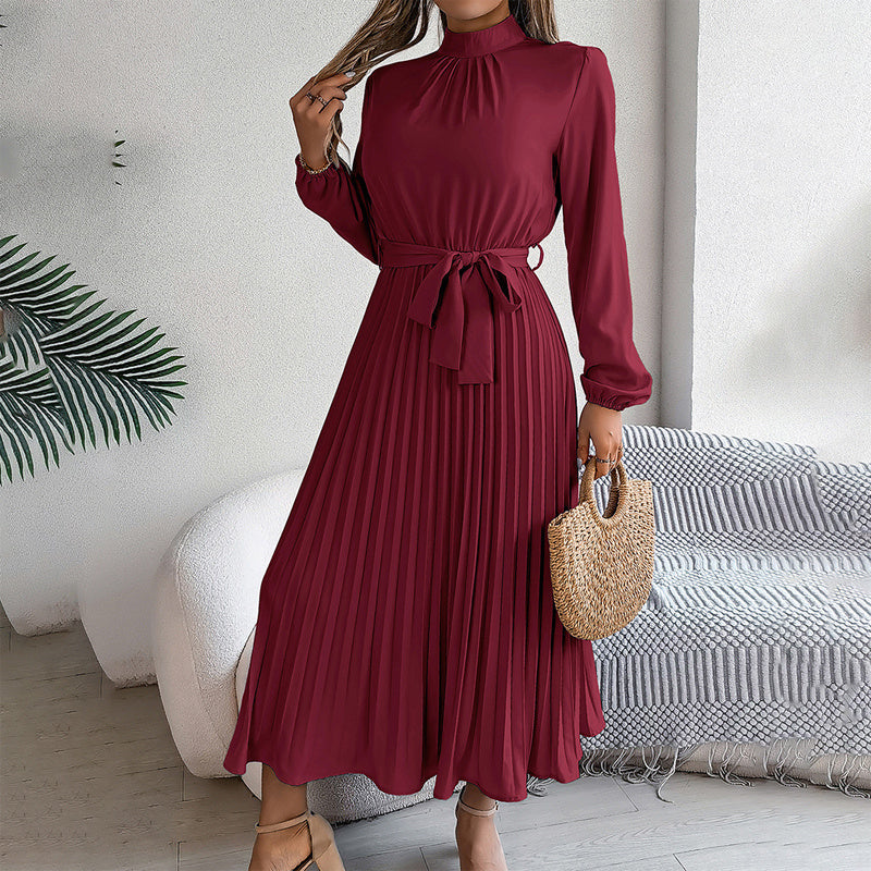 Elegant Solid Color High Collar Long Sleeve Pleated Flowing Dress