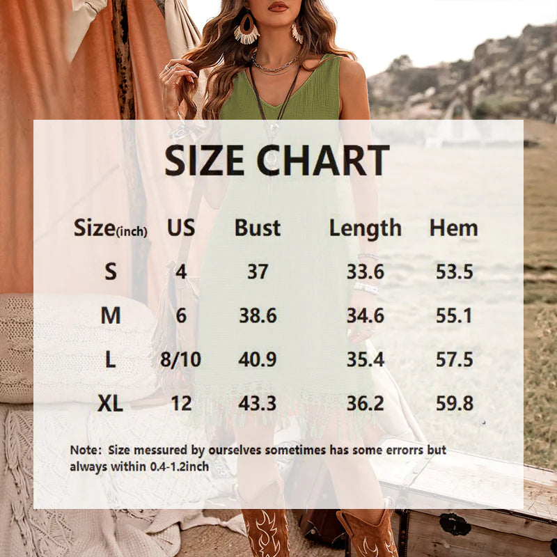 Women Elegant Solid Color V Neck Fringe Detail Sleeveless Bohemian Dress