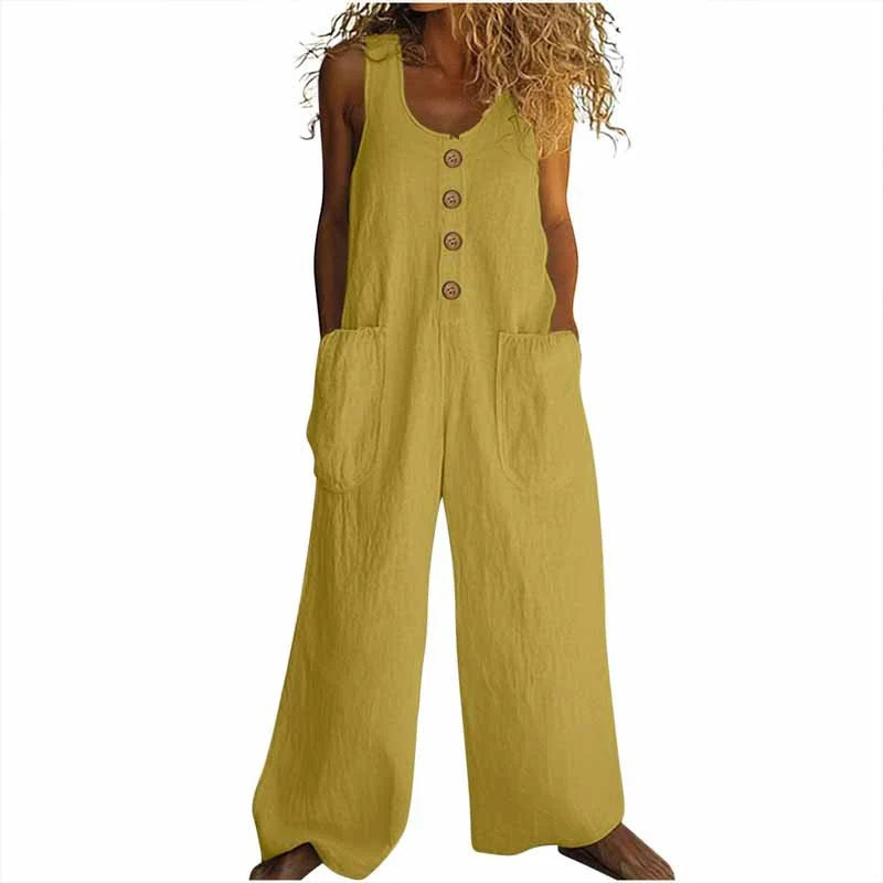 Women Elegant Casual Front Button Wide Leg Jumpsuit