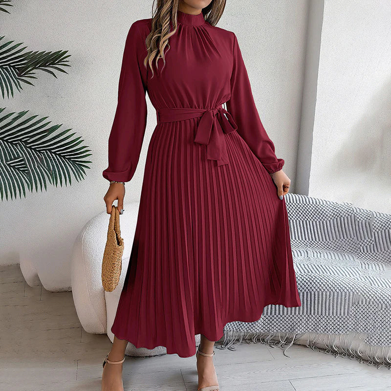 Elegant Solid Color High Collar Long Sleeve Pleated Flowing Dress