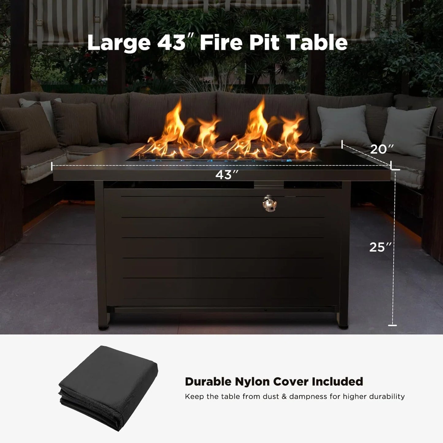 43" Outdoor Propane Fire Pit Table - 60,000 BTU with Lid, Glass Beads, Cup Holders, Hanging Shelf & Nylon Cover - Perfect for Your Patio!