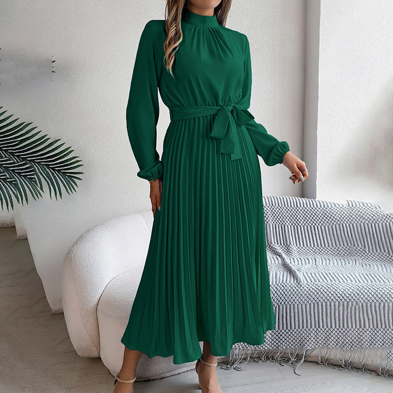Elegant Solid Color High Collar Long Sleeve Pleated Flowing Dress