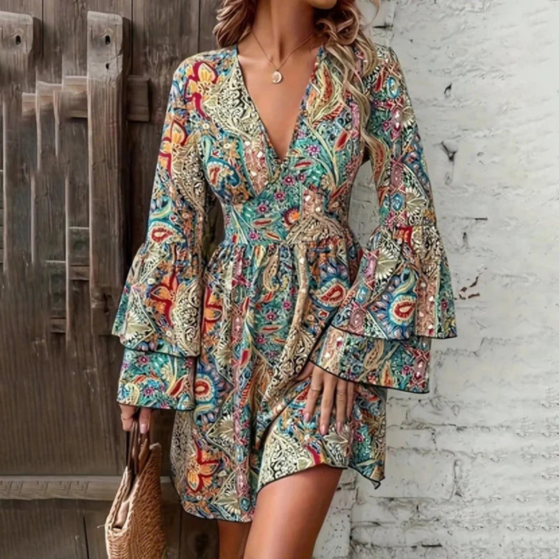 Women Elegant V Neck A-Line Waist Floral Print Dress - Tiered Bell Sleeves