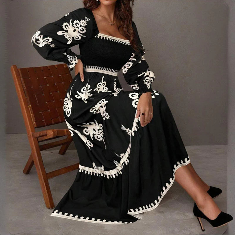 Elegant Women'S Retro Geometric Print Square Neck A-Line Lantern Sleeve Dress