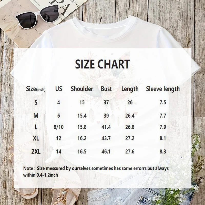 Women Summer Casual Floral and Leaf Print Crew Neck T-Shirt