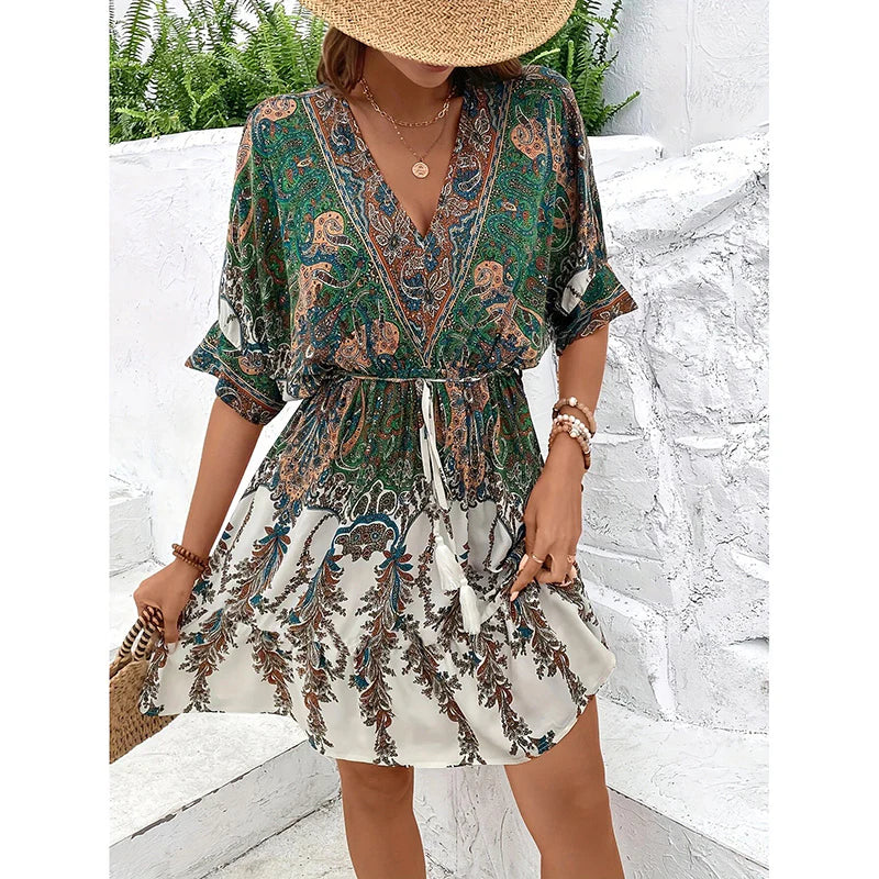 Women V-Neck Tie Front Short Sleeve Floral A-Line Beach Bohemian Flowy Waist Dress