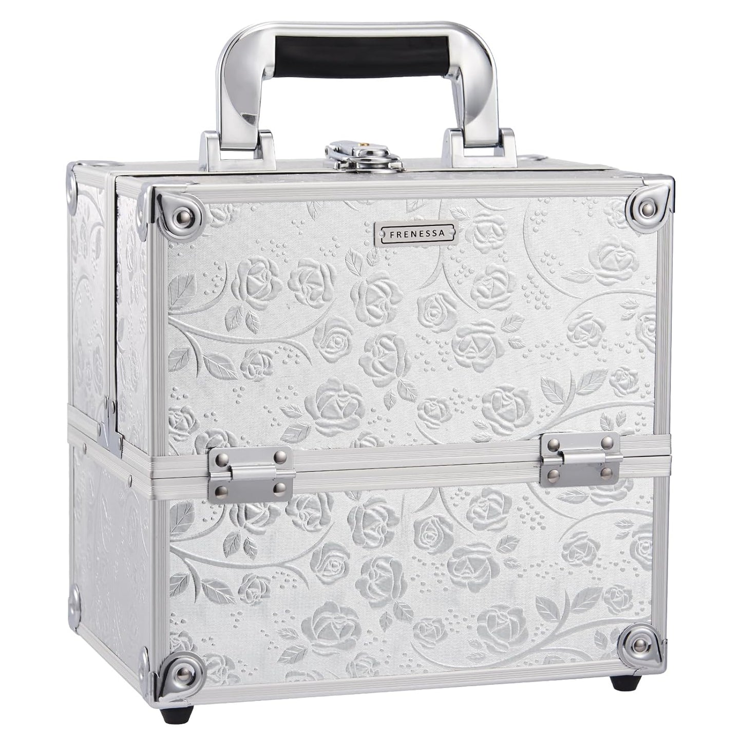 Makeup Case Makeup Box Travel Train Case Portable Cosmetic Box Storage Cases Make up Trvel Case with 4 Trays Divider Locking Hard Vanity Case for Artist Nail Cafter Supplies Silver Rose