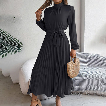 Elegant Solid Color High Collar Long Sleeve Pleated Flowing Dress