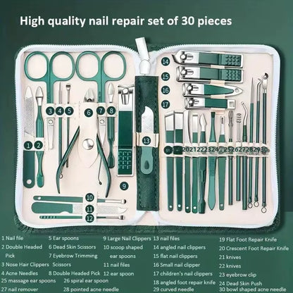 30Pcs Professional Stainless Steel Nail Clipper Set Green Nail Tools Manicure Pedicure Set of 30Pcs Travel Grooming Kit