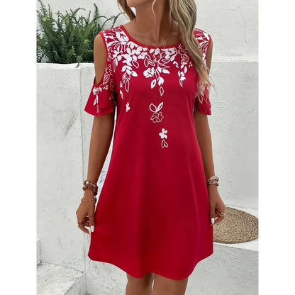 Women Summer off Shoulder round Neck Floral Print Beach Vacation Bohemian Dress