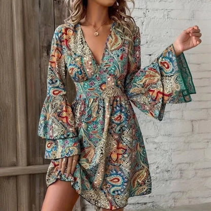Women Elegant V Neck A-Line Waist Floral Print Dress - Tiered Bell Sleeves