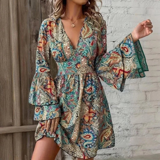 Women Elegant V Neck A-Line Waist Floral Print Dress - Tiered Bell Sleeves