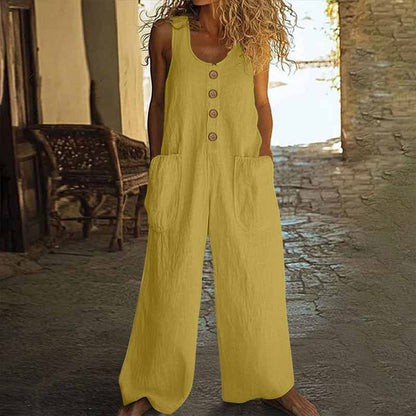 Women Elegant Casual Front Button Wide Leg Jumpsuit