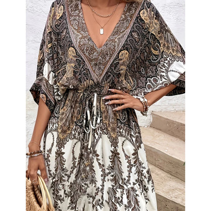 Women V-Neck Tie Front Short Sleeve Floral A-Line Beach Bohemian Flowy Waist Dress