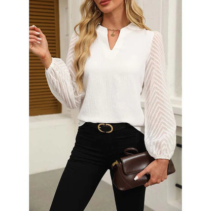 Women Elegant Casual V Neck Lace Long Sleeve Chiffon Shirt