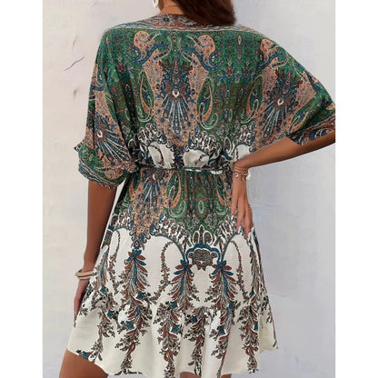 Women V-Neck Tie Front Short Sleeve Floral A-Line Beach Bohemian Flowy Waist Dress