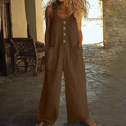 Women Elegant Casual Front Button Wide Leg Jumpsuit
