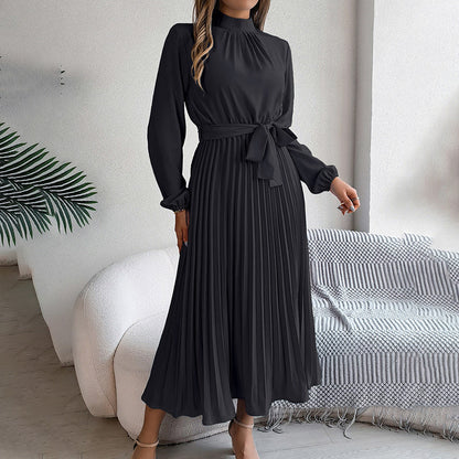 Elegant Solid Color High Collar Long Sleeve Pleated Flowing Dress