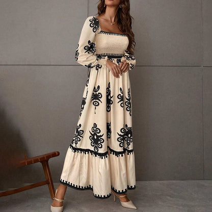 Elegant Women'S Retro Geometric Print Square Neck A-Line Lantern Sleeve Dress