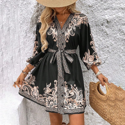 Women Elegant V Neck Lantern Sleeve Wrap Waist Tie Floral Print Dress