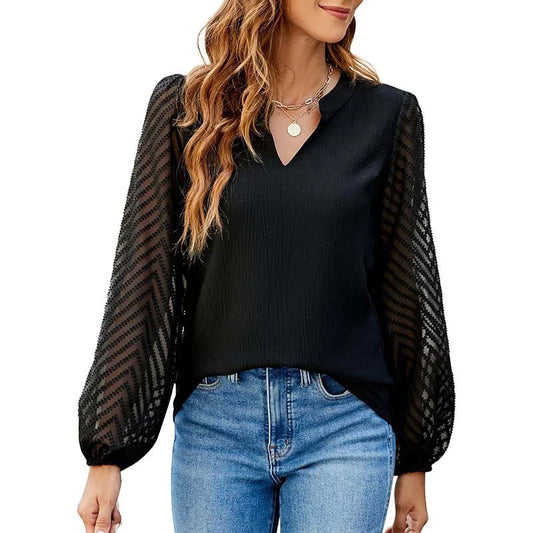 Women Elegant Casual V Neck Lace Long Sleeve Chiffon Shirt