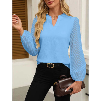 Women Elegant Casual V Neck Lace Long Sleeve Chiffon Shirt