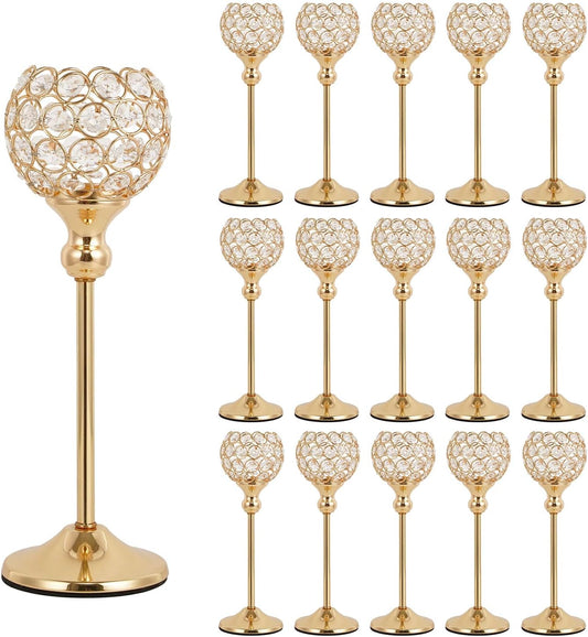 Gold Crystal Candle Holders Set of 16 for Wedding Centerpieces,Votive Crystal Candle Holders for Home Fireplace Coffee Table Mantle Decor Candelabros De Mesa