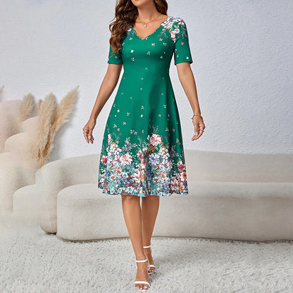 Ladies Summer Elegant Casual V-Neck Floral Dress