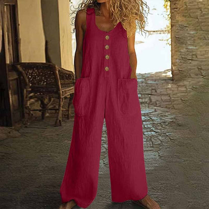 Women Elegant Casual Front Button Wide Leg Jumpsuit