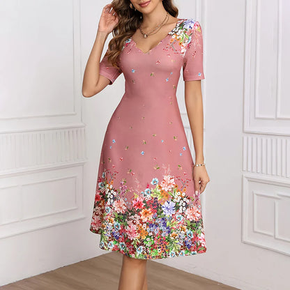 Ladies Summer Elegant Casual V-Neck Floral Dress