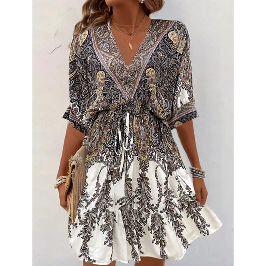 Women V-Neck Tie Front Short Sleeve Floral A-Line Beach Bohemian Flowy Waist Dress